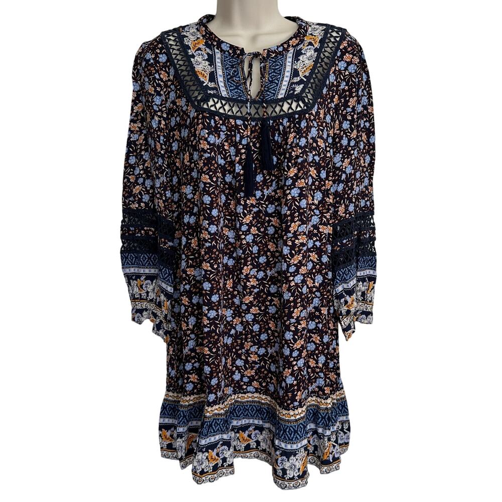 Sundance Floral Simona Dress Tunic Crochet Blue S Boho Prairie Cottage Core - Picture 2 of 14